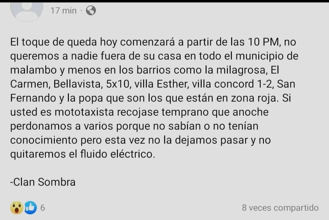 Mensaje intimidatorio difundido por un grupo delincuencial en Malambo, Atlántico.