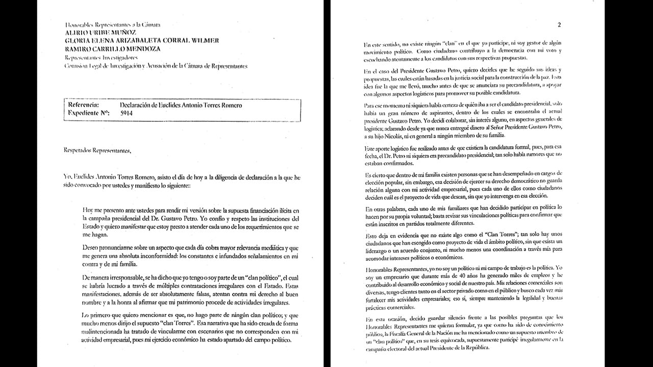 Esta es la carta que Euclides Torres envió a la Comisión de Acusación de la Cámara.
