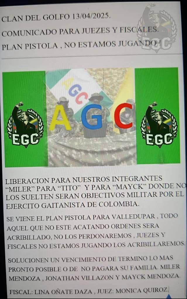Este es el panfleto amenazante del Clan del Golfo contra funcionarios de la rama judicial en Cesar.