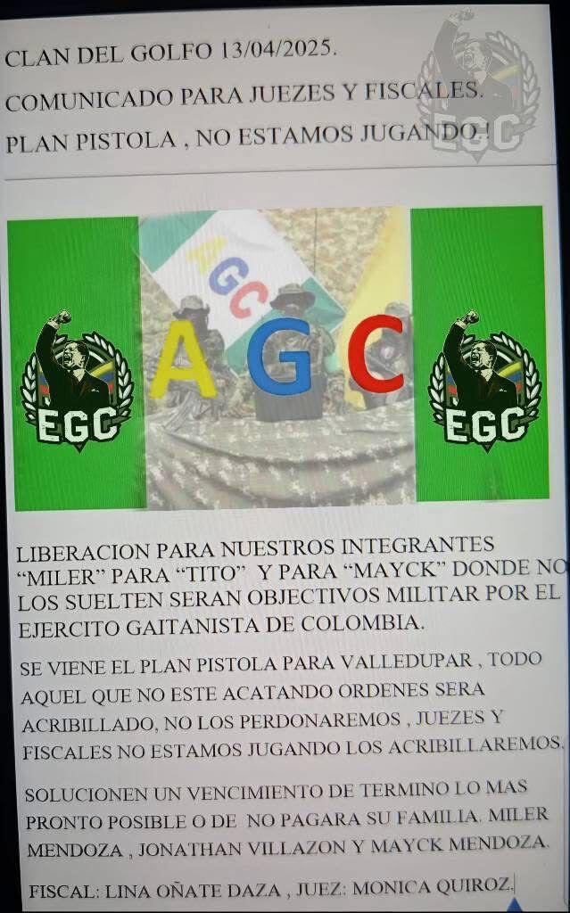 Este es el panfleto amenazante del Clan del Golfo contra funcionarios de la rama judicial en Cesar.
