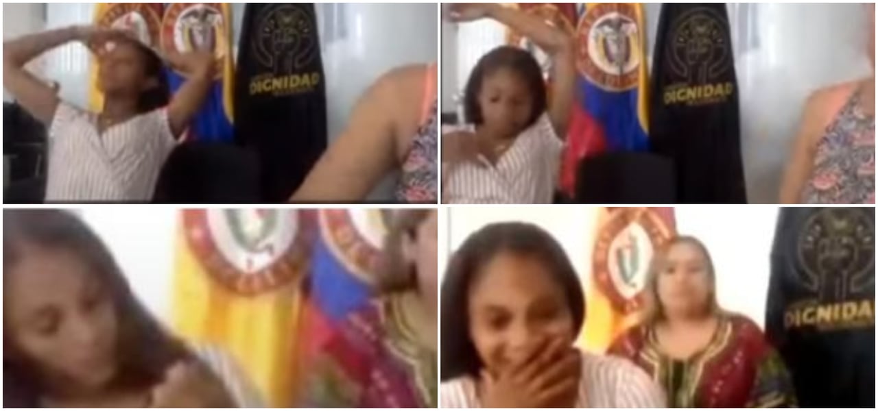 Carolina Galván, madre de Sara Sofía, riendo y haciendo muecas durante la audiencia de imputación de cargos en agosto de 2021.