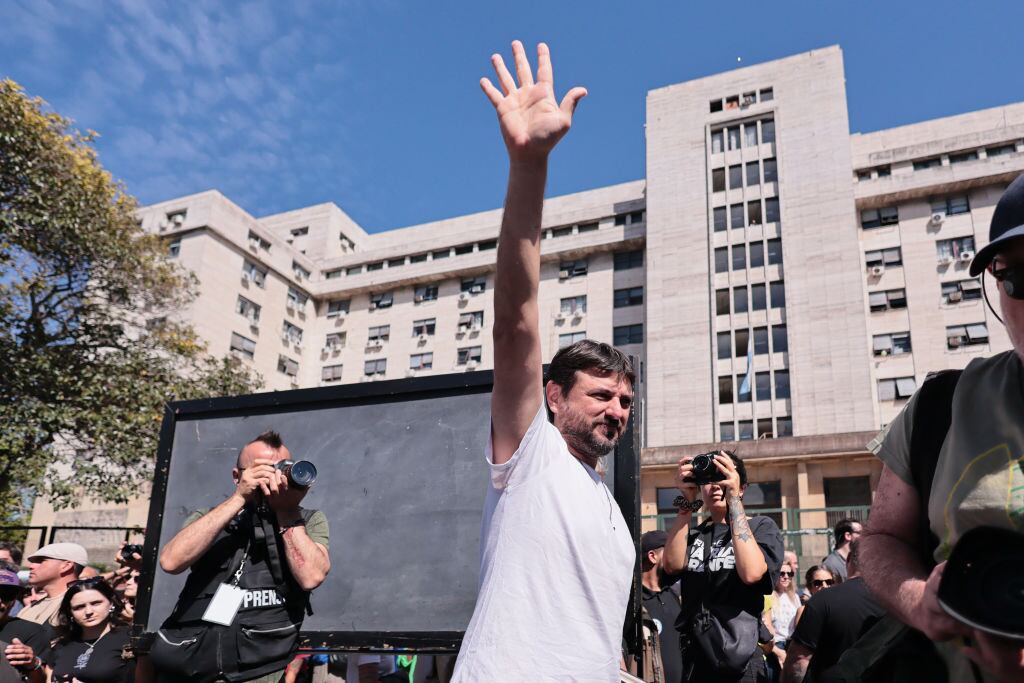 BUENOS AIRES, ARGENTINA - NOVEMBER 13: A social leader and former Union for the Homeland candidate Juan Grabois gestures as he attends a demonstration outside the Federal Courts where he held an open class during the ongoing trial involving former Argentine president Cristina Fernandez de Kirchner in Buenos Aires, Argentina on November 13, 2024. The event coincided with the delivery of a ruling by a cassation court in the case involving former President Cristina Fernandez de Kirchner. (Photo by Luciano Gonzalez/Anadolu via Getty Images)
