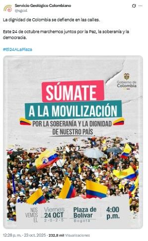 El Gobierno utilizó las redes sociales del Servicio Geológico Colombiano para convocar a las manifestaciones de este 24 de octubre.