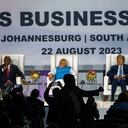 Leaders from the BRICS group of emerging economies arrive at the start of a three-day summit in Johannesburg, South Africa , Tuesday, Aug. 22, 2023. From left, Brazilian President Luiz Inácio Lula da Silva, South African President Cyril Ramaphosa, Indian Prime Minister Narendra Modi and China Minister of Commerce Wang Wentao. Russian President Vladimir Putin will be notably absent when Chinese President Xi Jinping and other leaders from the BRICS group of emerging economies begin a three-day summit in South Africa on Tuesday. (AP Photo/Jerome Delay)