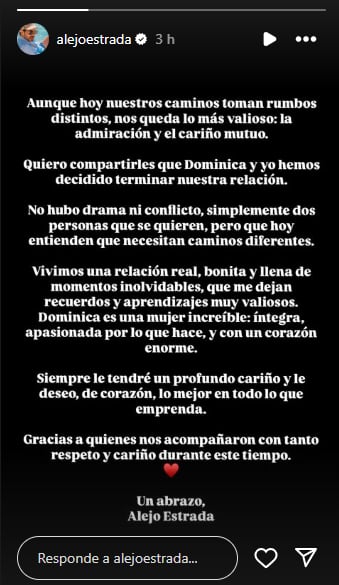 Alejandro Estrada compartió que terminó su relación Dominica Duque.