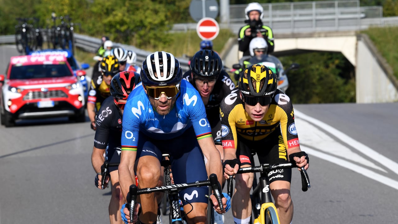 BERGAMO, ITALY - OCTOBER 09: (L-R) Alejandro Valverde Belmonte of Spain and Movistar Team and Jonas Vingegaard Rasmussen of Denmark and Team Jumbo - Visma compete during the 115th Il Lombardia 2021 a 239km race from Como to Bergamo / #ilombardia / #UCIWT / on October 09, 2021 in Bergamo, Italy. (Photo by Tim de Waele/Getty Images)
