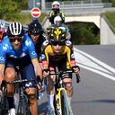 BERGAMO, ITALY - OCTOBER 09: (L-R) Alejandro Valverde Belmonte of Spain and Movistar Team and Jonas Vingegaard Rasmussen of Denmark and Team Jumbo - Visma compete during the 115th Il Lombardia 2021 a 239km race from Como to Bergamo / #ilombardia / #UCIWT / on October 09, 2021 in Bergamo, Italy. (Photo by Tim de Waele/Getty Images)