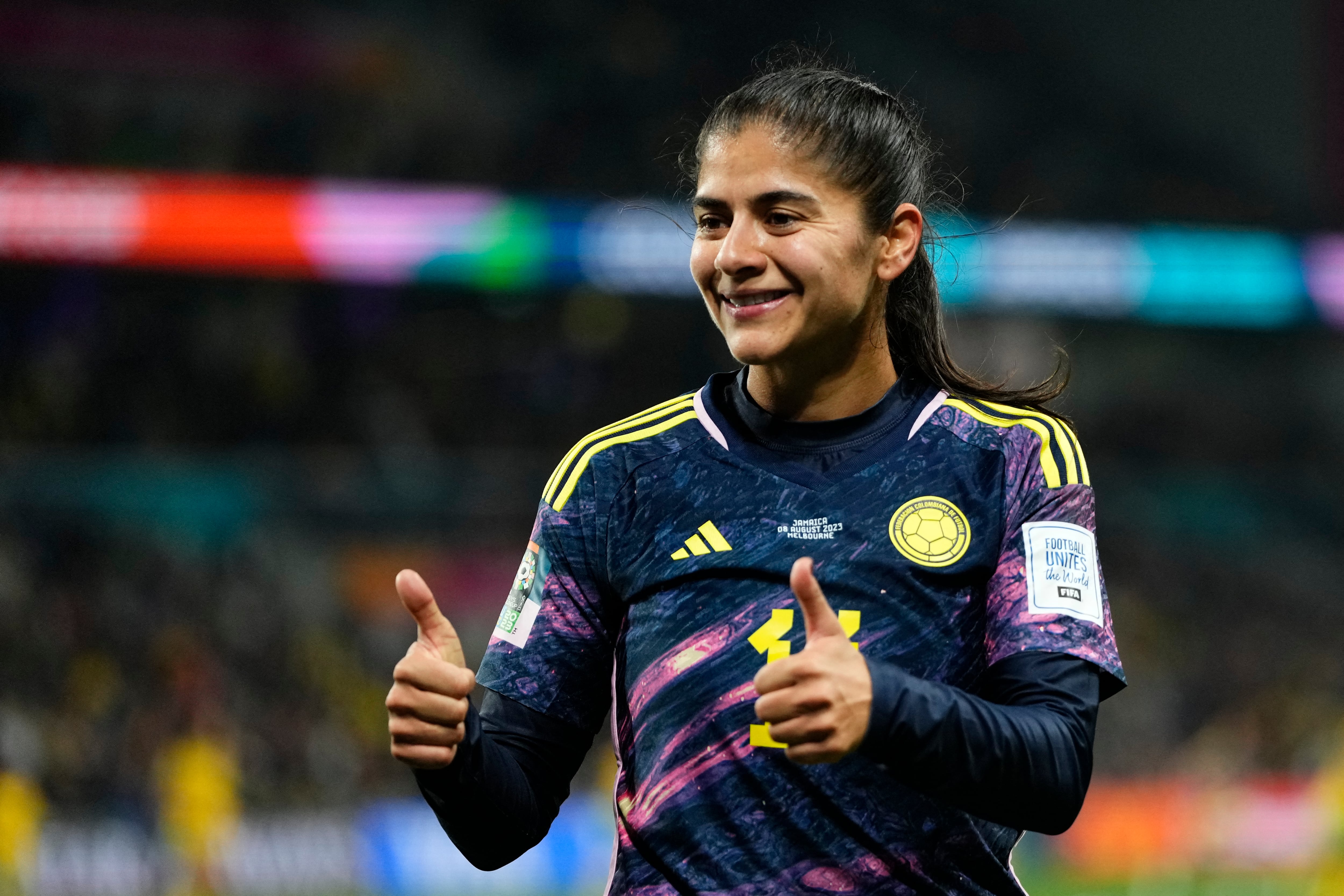 Maria Catalina Usme Pineda of Colombia and America de Cali celebrates victory after the FIFA Women's World Cup Australia &amp; New Zealand 2023 Round of 16 match between Colombia and Jamaica at Melbourne Rectangular Stadium on August 8, 2023 in Melbourne, Australia. (Photo by Jose Breton/Pics Action/NurPhoto) (Photo by Jose Breton / NurPhoto via AFP)
