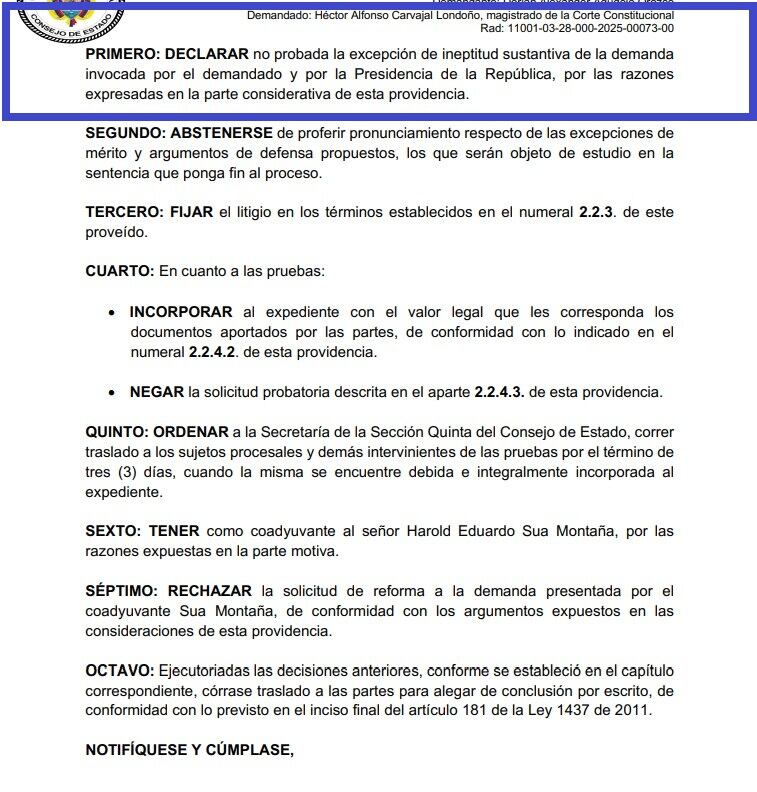 El Consejo de Estado estudia una demanda contra la elección de Héctor Carvajal como magistrado.
