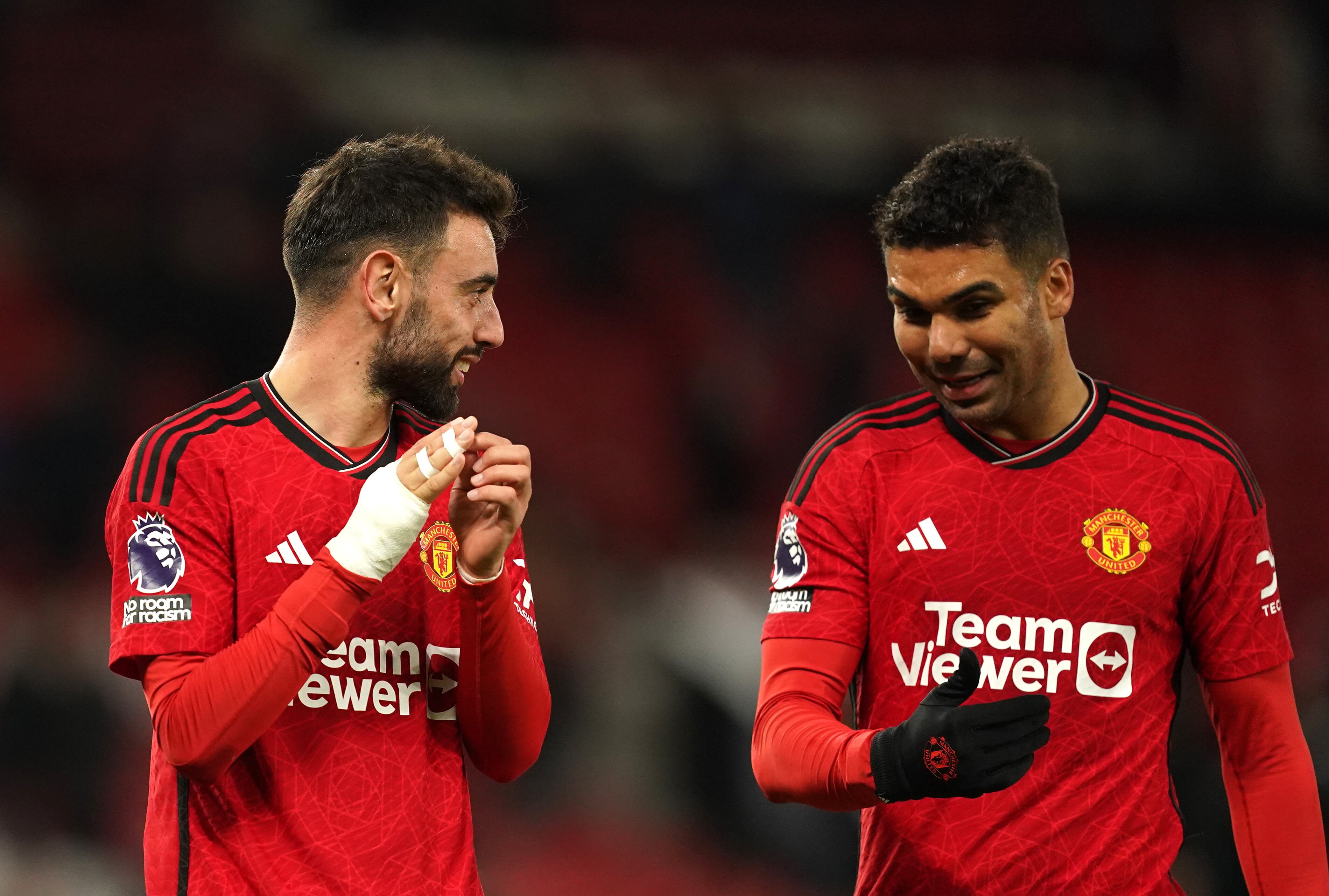 Manchester United's Bruno Fernandes and Casemiro react following during the Premier League match at Old Trafford, Manchester. Picture date: Wednesday April 24, 2024. (Photo by Martin Rickett/PA Images via Getty Images)