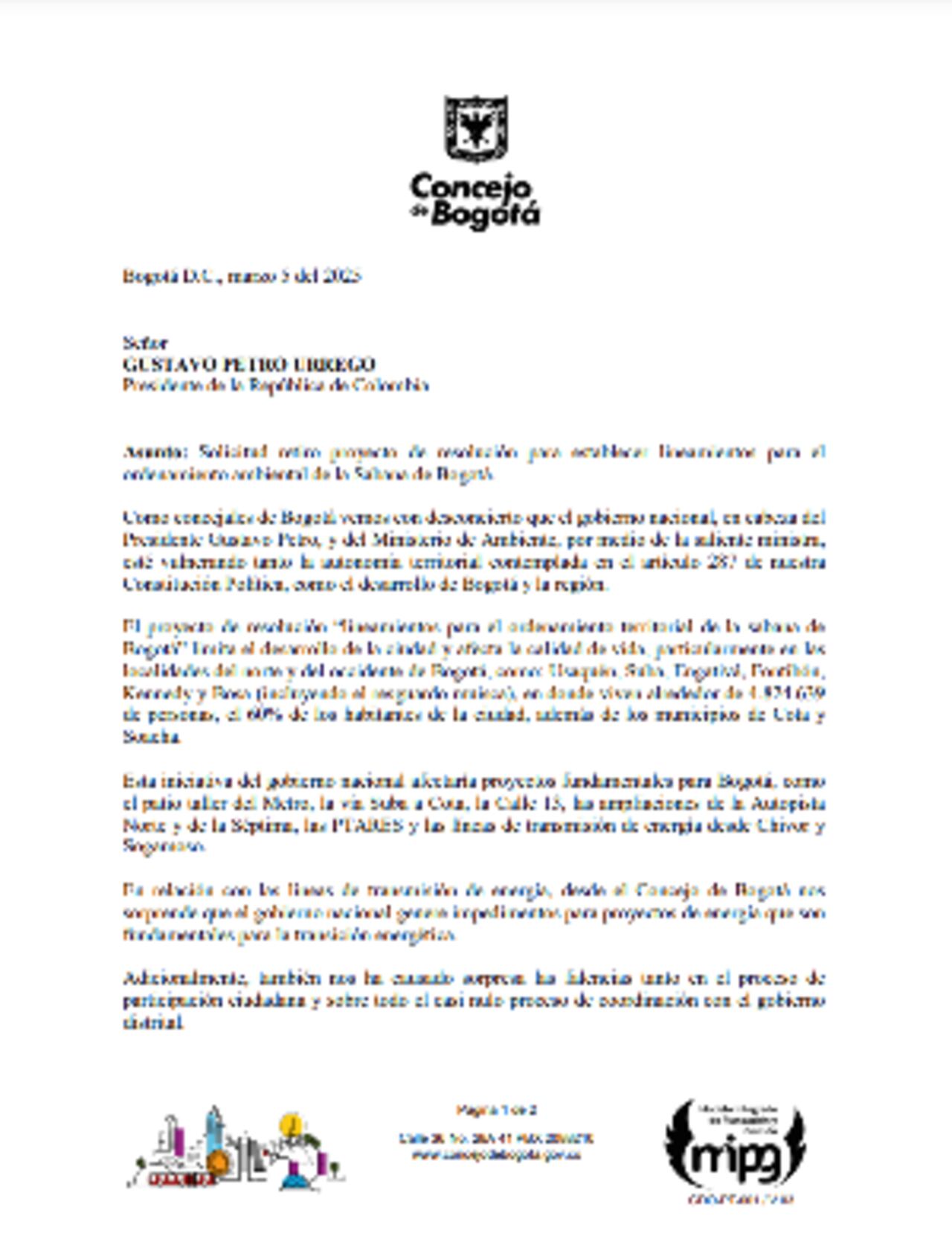 Carta de los concejales de Bogotá a Petro por la resolución del MinAmbiente.