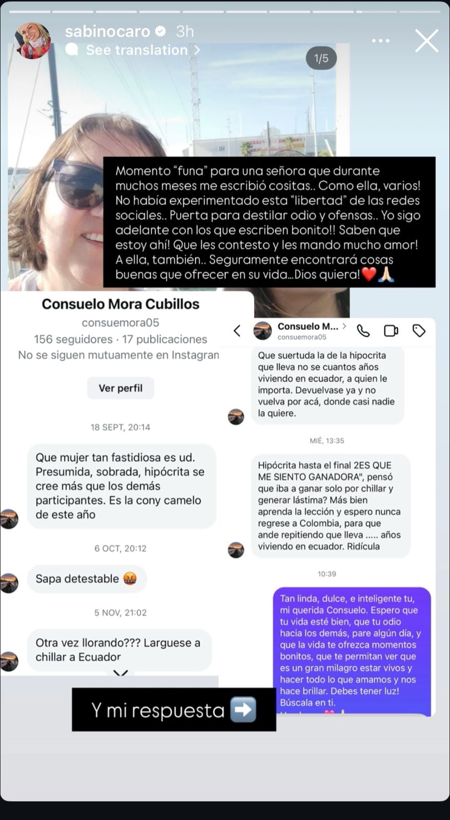 Carolina Sabino expuso ofensivos mensajes por parte de una usuaria