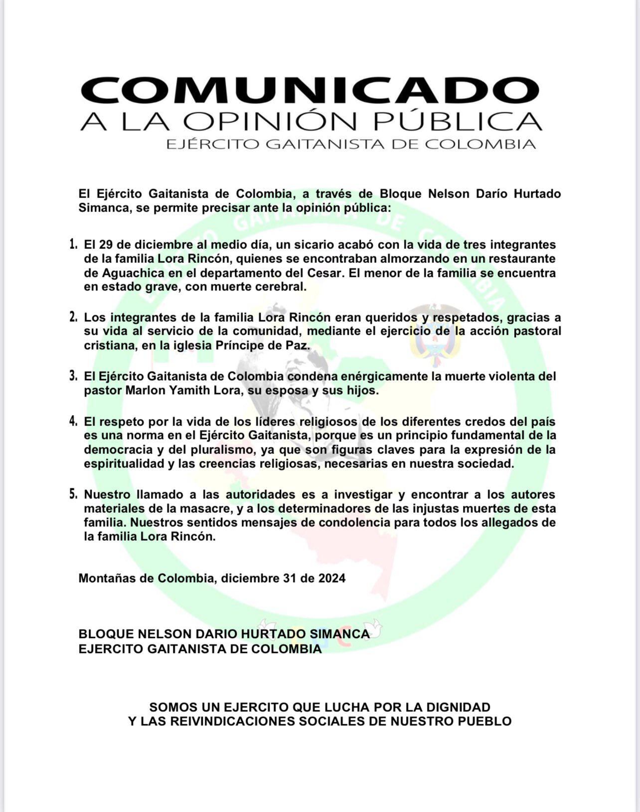 Comunicado emitido por el Clan del Golfo.