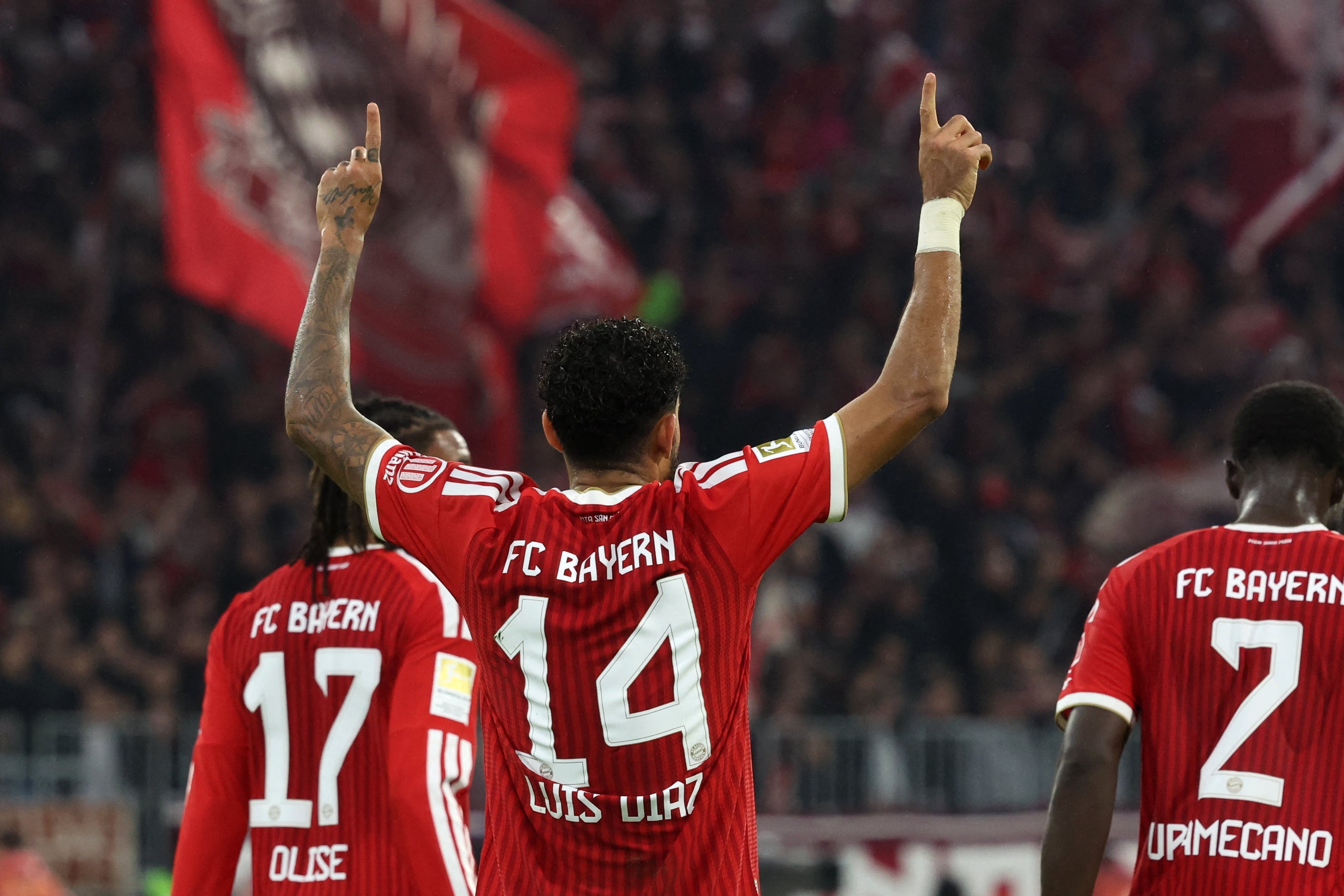 Bayern's Luis Díaz celebrates scoring his side's sixth goal of the game during the Bundesliga soccer match between Bayern Munich and Leipzig, in Munich, Germany, Saturday Oct. 17, 2026. (Karl-Josef Hildenbrand/dpa via AP)