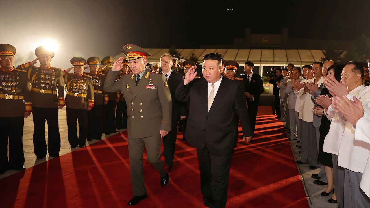 In this photo provided by the North Korean government, North Korean leader Kim Jong Un, center right, and Russian Defense Minister Sergei Shoigu, center left, visit an arms exhibition in Pyongyang, North Korea Wednesday, July 26, 2023. Independent journalists were not given access to cover the event depicted in this image distributed by the North Korean government. The content of this image is as provided and cannot be independently verified. Korean language watermark on image as provided by source reads: "KCNA" which is the abbreviation for Korean Central News Agency. (Korean Central News Agency/Korea News Service via AP)