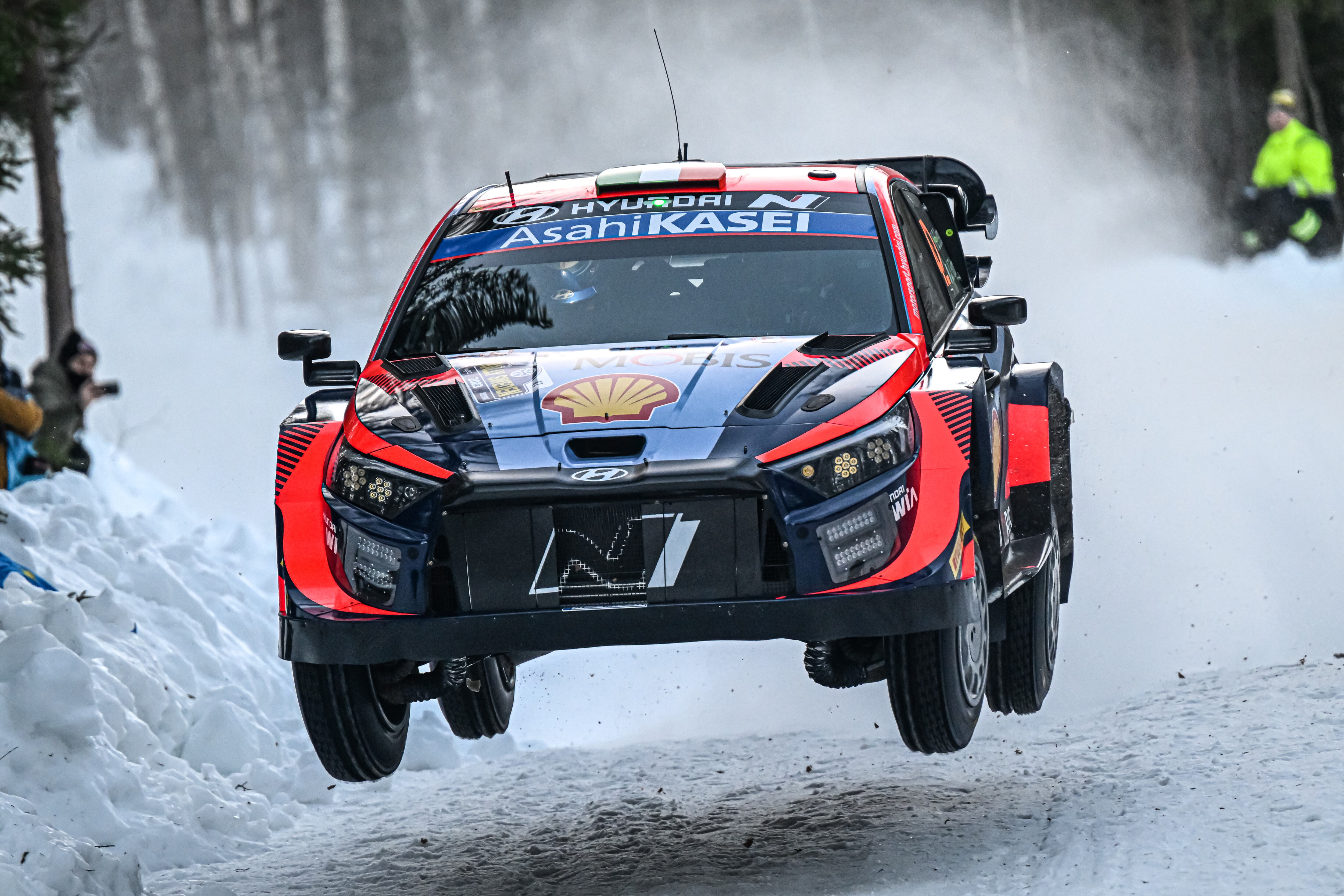 UMEA, SWEDEN - FEBRUARY 10:  Craig Breen of Ireland and James Fulton of Ireland are competing with their Hyundai Shell Mobis WRT Hyundai i20 N Rally1 Hybrid during Day Two of the FIA World Rally Championship Sweden on February 10, 2023 in Umea, Sweden.  (Photo by Massimo Bettiol/Getty Images)