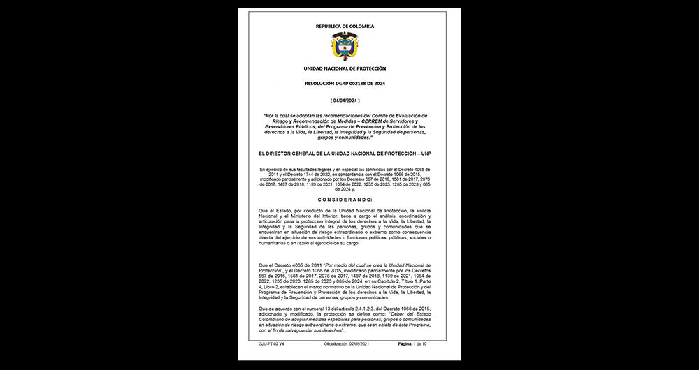     Esta es la resolución número 002188, que determina un nivel de riesgo extraordinario y ordena brindarle protección. Sin embargo, esto no ha ocurrido.