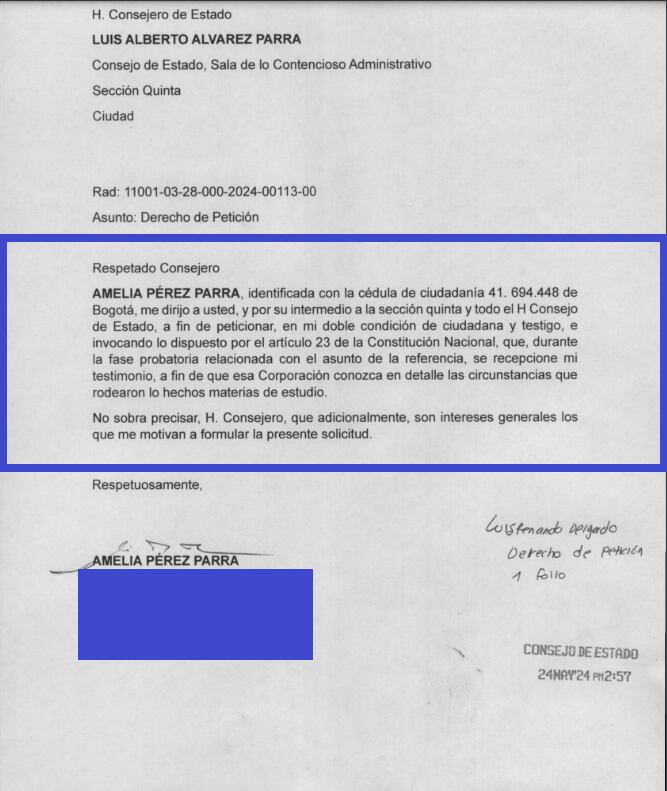 Amelia Pérez Parra le pidió al Consejo de Estado que le permita explicar su renuncia a la terna para Fiscal General.