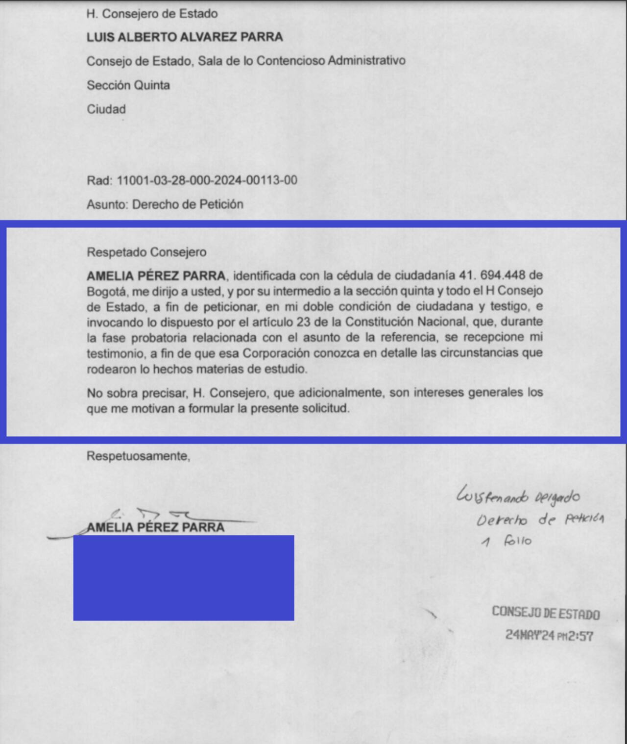Amelia Pérez Parra le pidió al Consejo de Estado que le permita explicar su renuncia a la terna para Fiscal General.