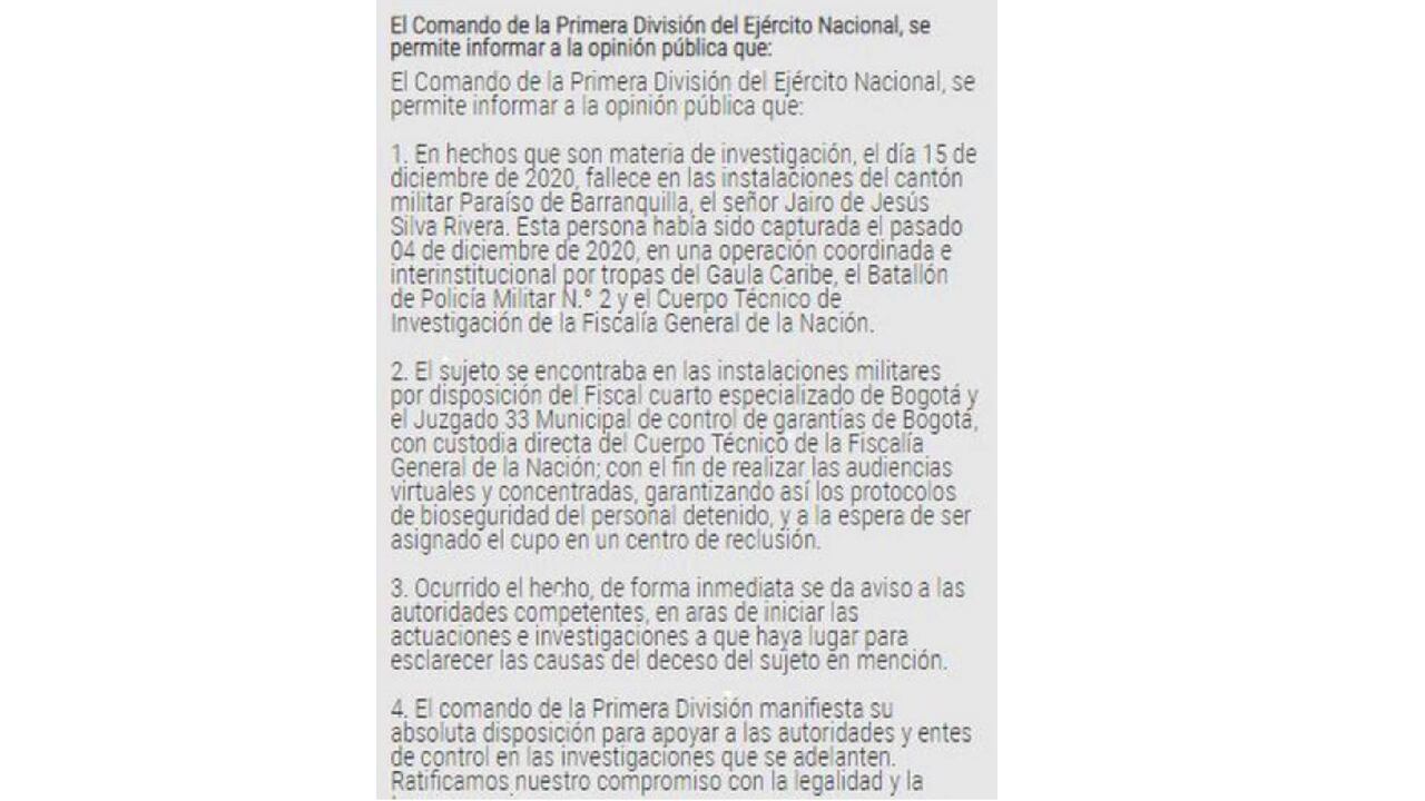 Comunicado del Ejército confirmando la muerte del adulto mayor a mediados de diciembre.