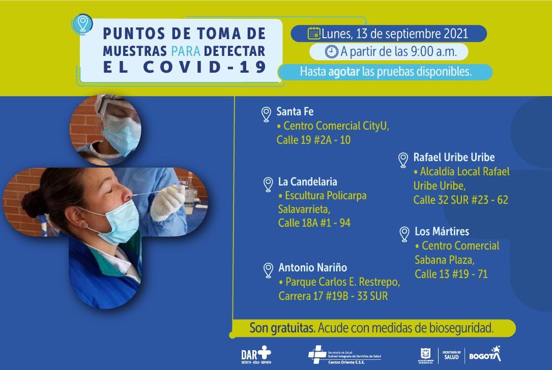 Pruebas gratis de covid 19 hoy lunes 13 de septiembre en Bogotá: estos son los puntos de atención