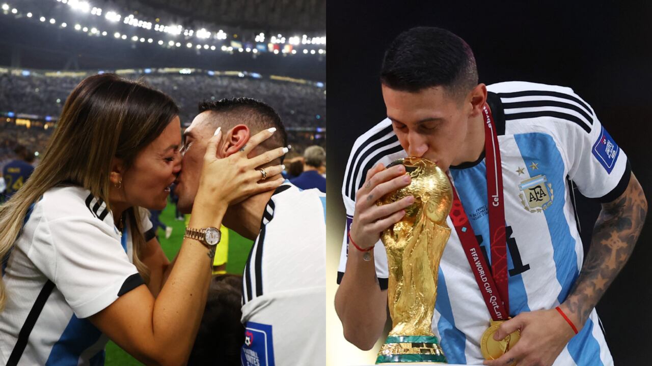 Ángel Di María y su esposa Jorgelina Cardoso. Foto: REUTERS/Lee Smith//REUTERS/Kai Pfaffenbach