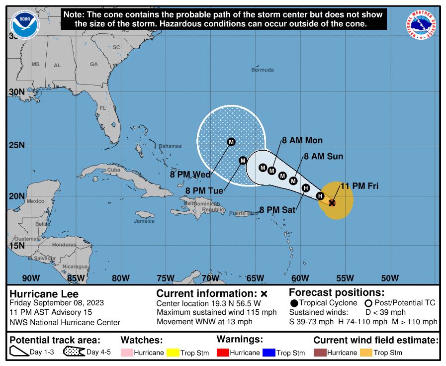 Lee se ubicaba a unos 705 kilómetros (440 millas) al este de las Islas de Barlovento norteñas la noche del viernes. Tenía vientos máximos sostenidos de 185 kilómetros por hora (115 millas por hora) y se movía con dirección oeste-noroeste a 20 km/h (13 mph).