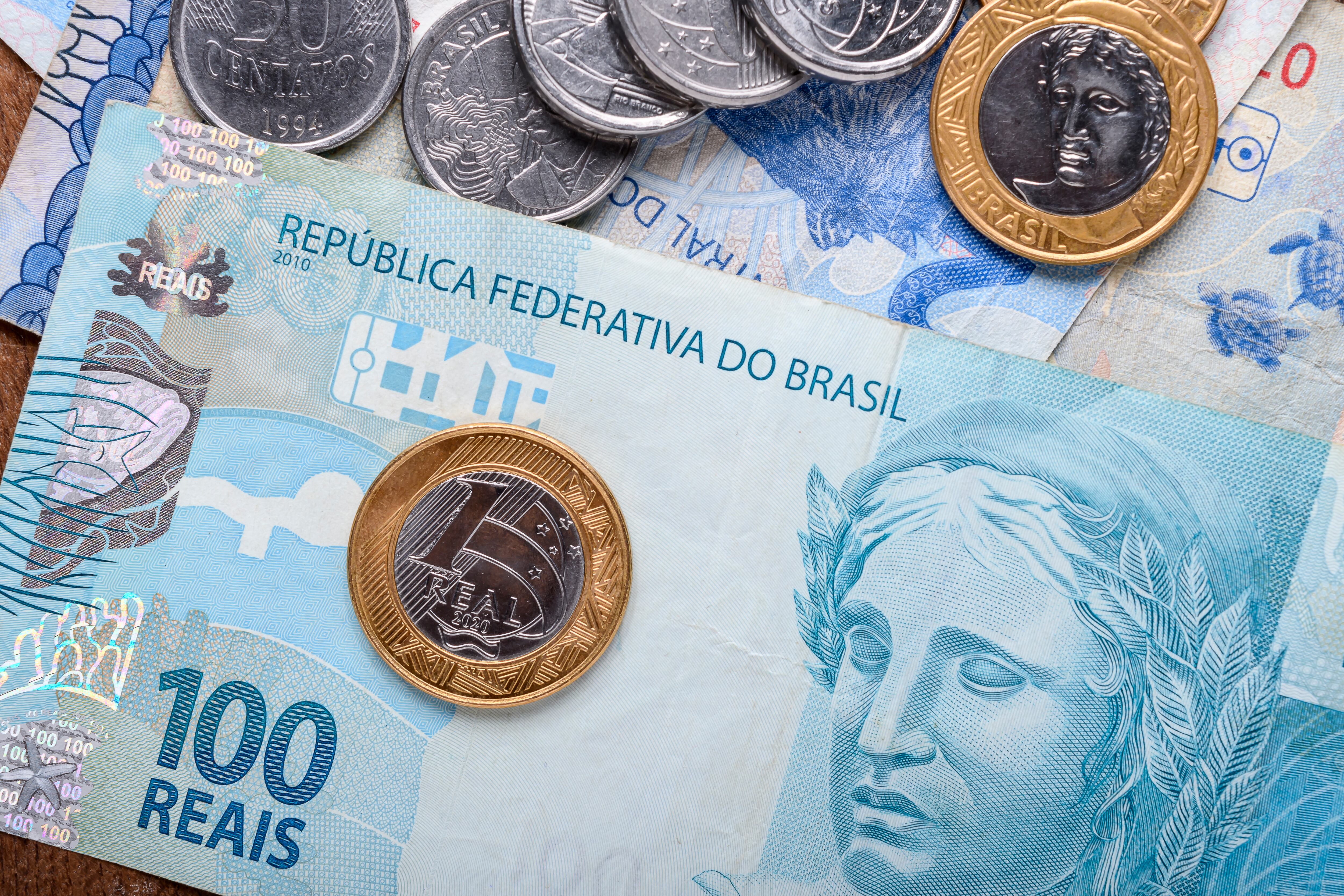 Brazilian money banknote and coins, economic market symbol, finance
