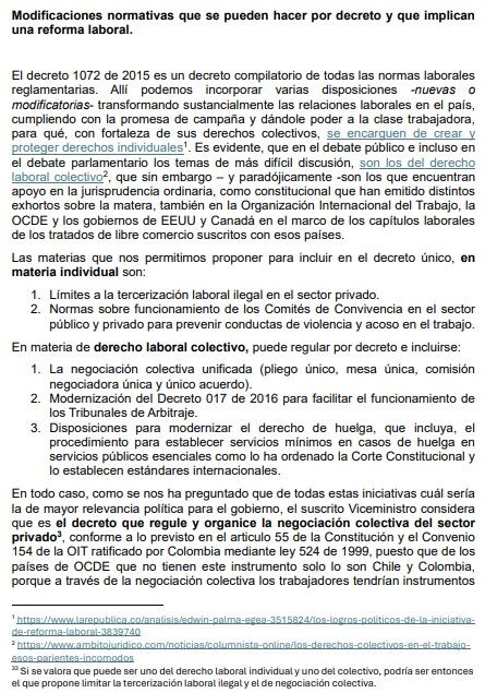 Esta fue la carta que el viceministro del Trabajo, Edwin Palma, le envió al presidente Gustavo Petro para argumentarle los motivos por los que considera que hay puntos de la reforma laboral que pueden implementarse por decreto.