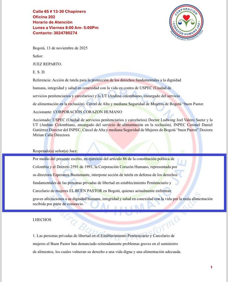 Huelga de hambre en la cárcel El Buen Pastor, de Bogotá.