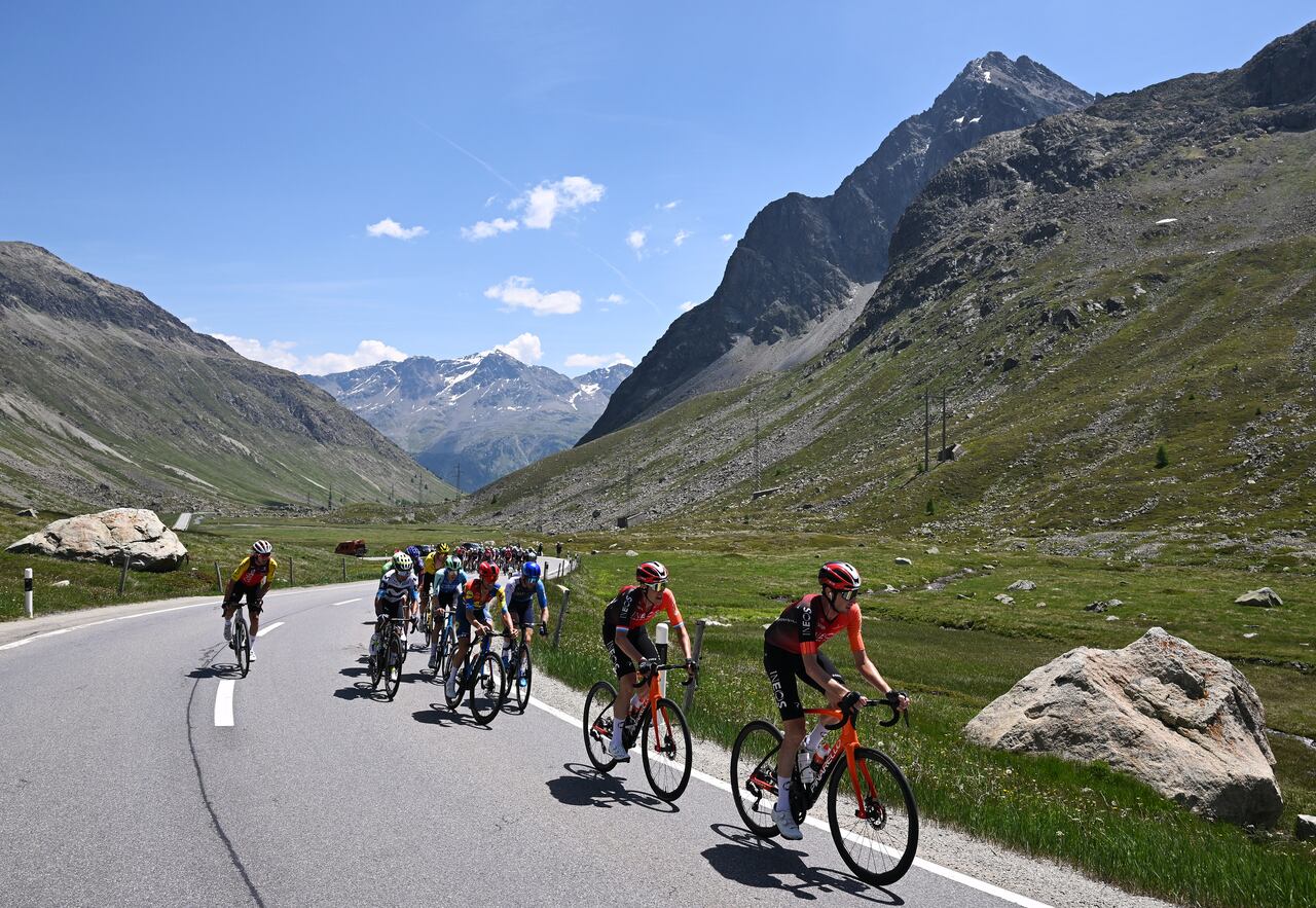 SANTA MARIA IN CALANCA, SWITZERLAND - JUNE 19: A general view of Nairo Quintana of Colombia and Team Movistar, Juan Pedro Lopez of Spain and Team Lidl - Trek, Hugo Houle of Canada and Team Israel - Premier Tech, Bob Jungels of Luxembourg, Lucas Hamilton of Australia and Team INEOS Grenadiers and the peloton compete climbing to the Julier Pass (2279m) during the 88th Tour de Suisse, Stage 5 a 183.8km stage from La Punt to Santa Maria in Calanca 941m / #UCIWT / on June 19, 2025 in Santa Maria in Calanca, Switzerland. (Photo by Tim de Waele/Getty Images)