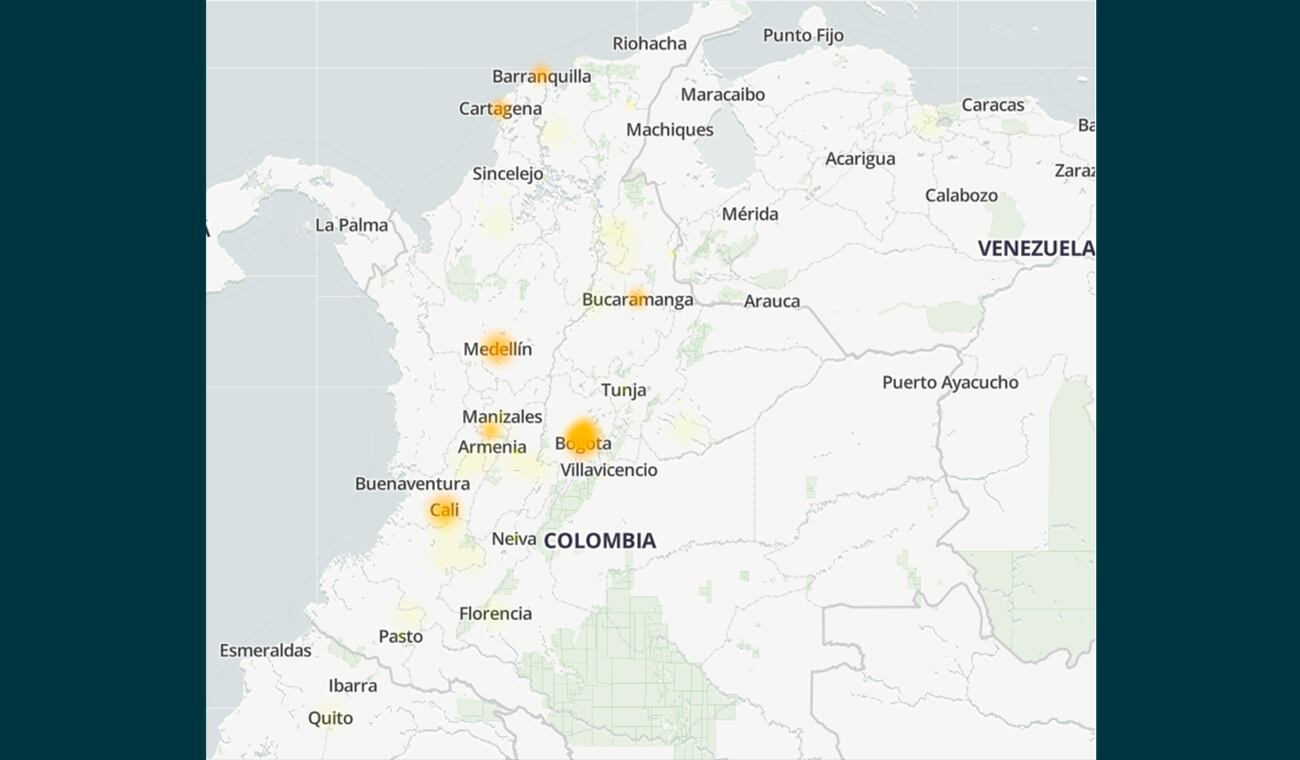 Mapa de fallas en Instagram en Colombia, generado por Downdetector.com