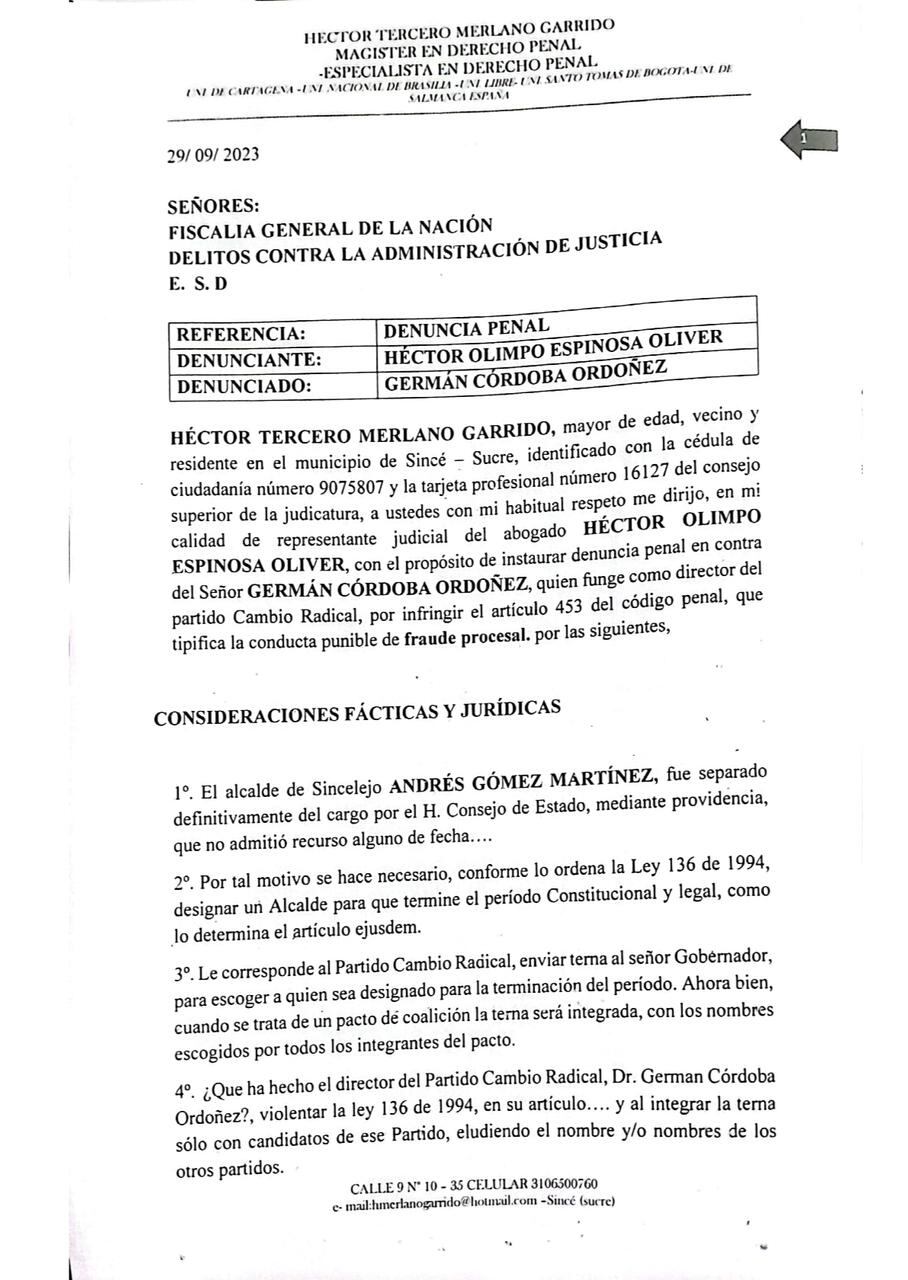 La copia de la denuncia contra Germán Córdoba.
