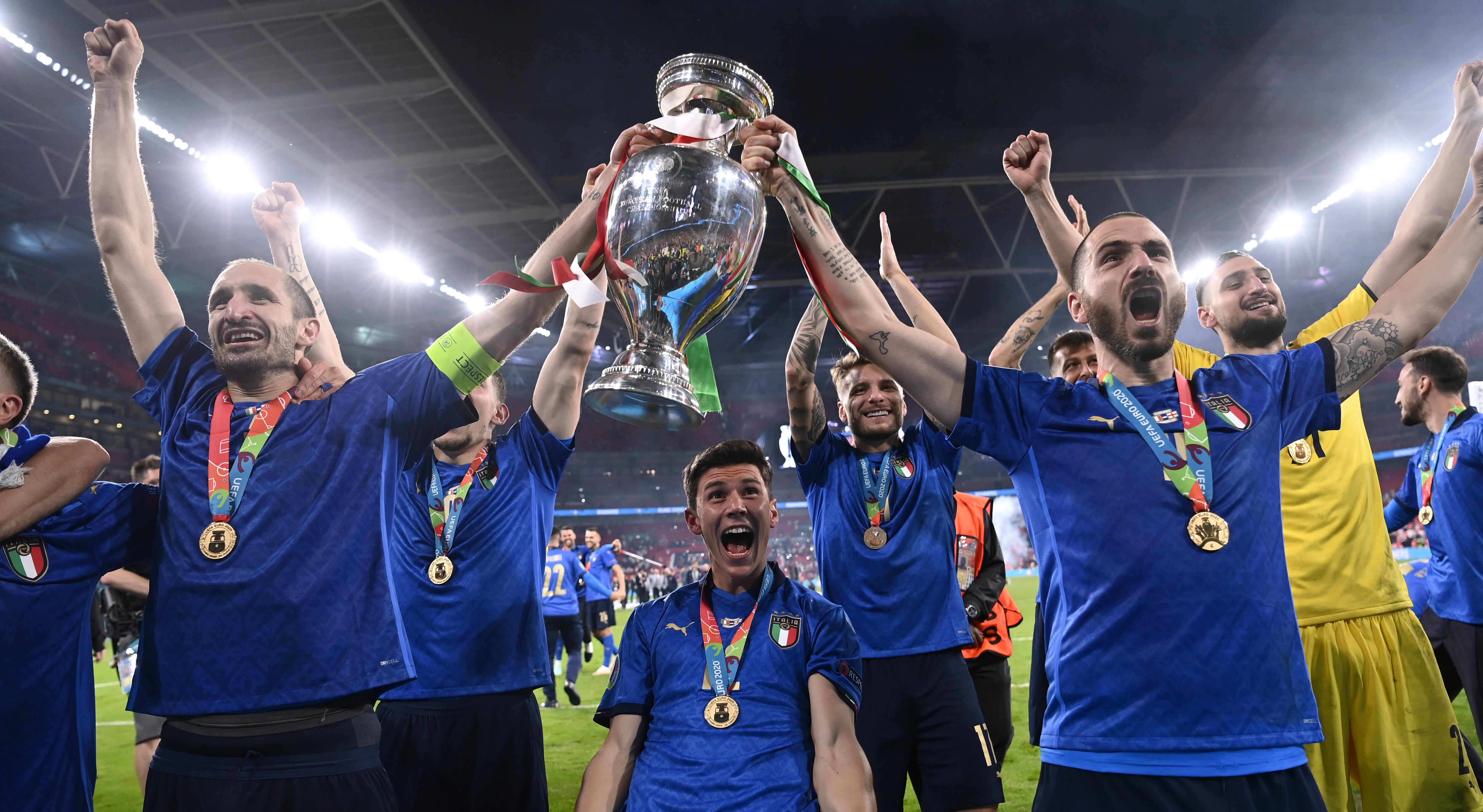 Italy's Giorgio Chiellini and Leonardo Bonucci celebrate with the trophy after winning the UEFA Euro 2020 Final at Wembley Stadium, London. Picture date: Sunday July 11, 2021. (Photo by PA Wire/PA Images via Getty Images)