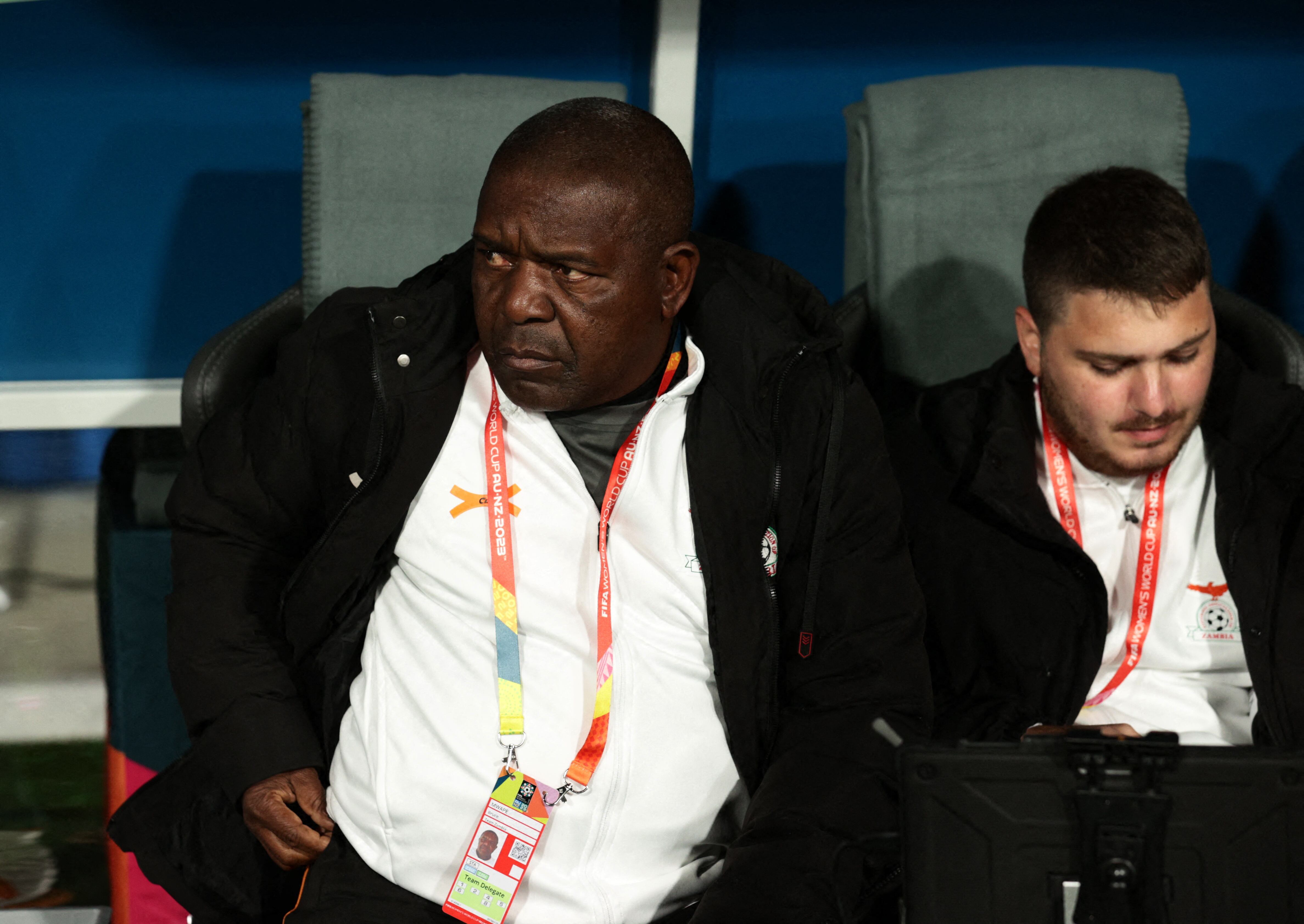 Soccer Football - FIFA Women’s World Cup Australia and New Zealand 2023 - Group C - Zambia v Japan - Waikato Stadium, Hamilton, New Zealand - July 22, 2023 Zambia coach Bruce Mwape REUTERS/David Rowland