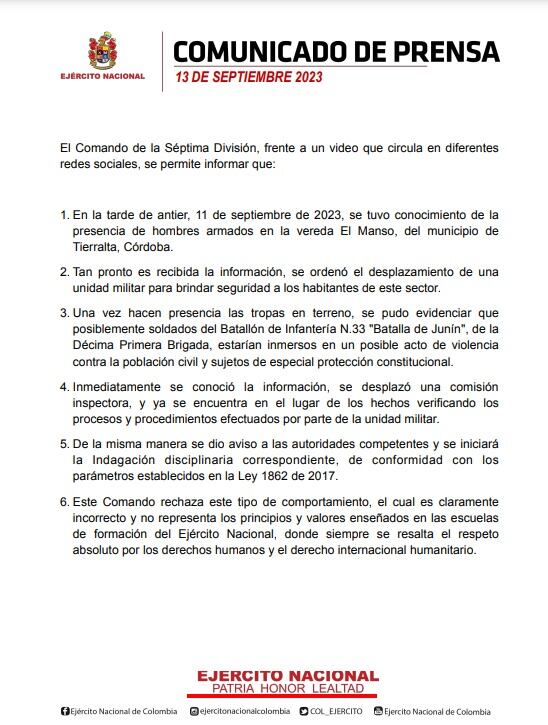Comunicado del Ejército Nacional.