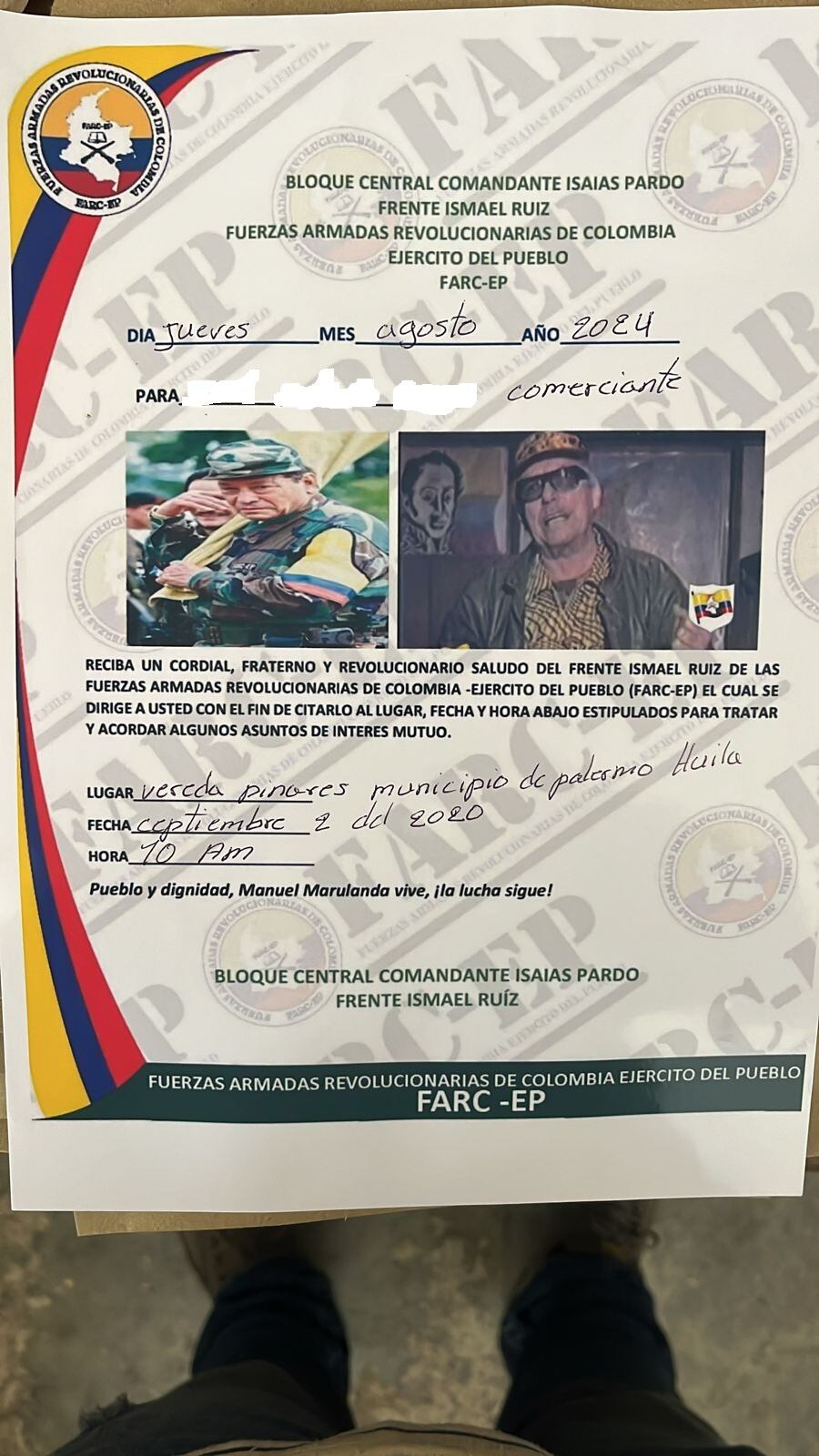 Las disidencias de las Farc están repartiendo panfletos en municipios del Tolima y algunos territorios del Huila, vecinos a ese otro departamento.