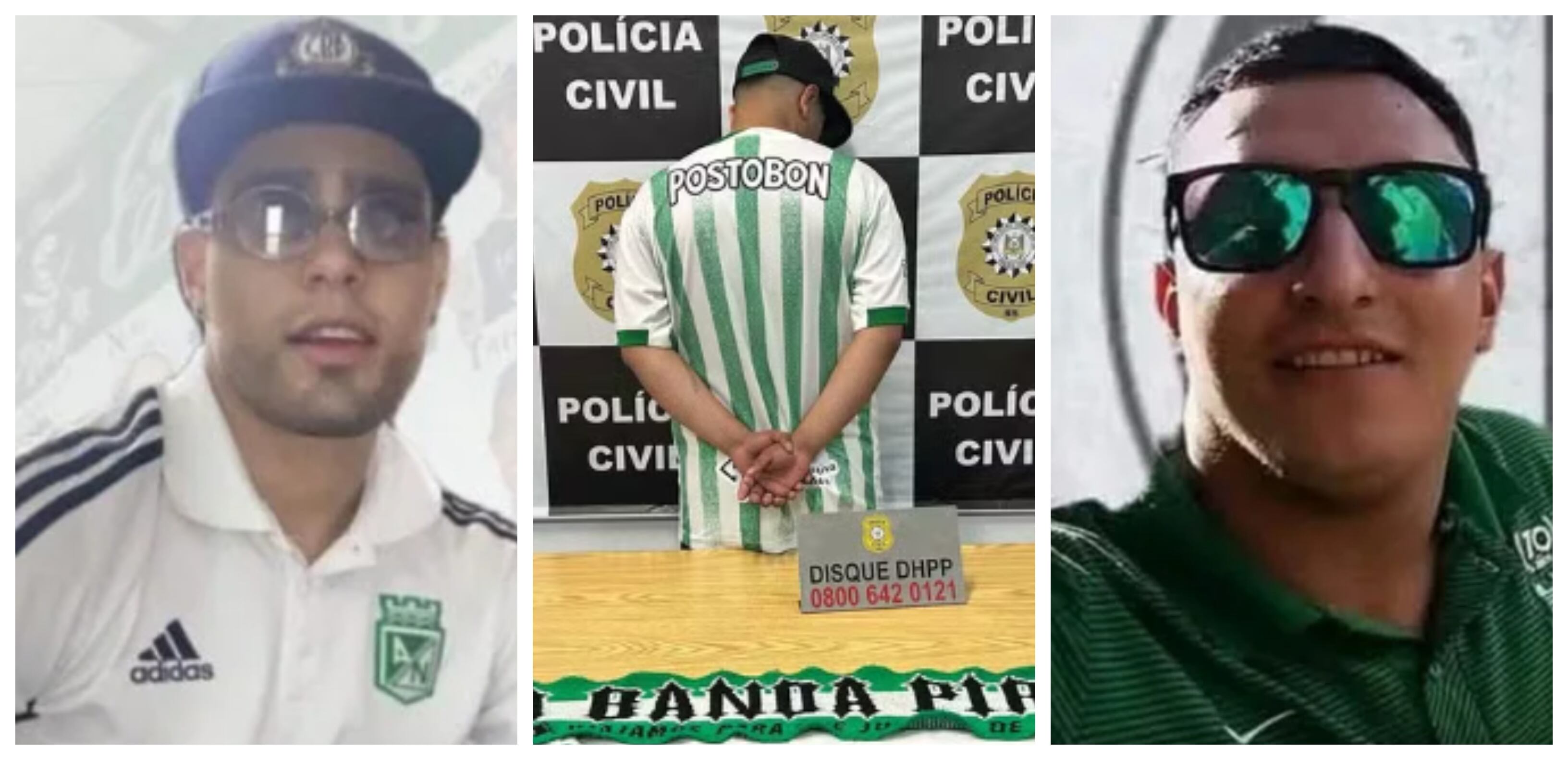 Víctor Manuel Velásquez (izq.) murió a mano de hinchas de Nacional en Brasil, al ser señalado de quitarle la vida a Alejandro Lopera Zuluaga (der.). Jeferson Pamplona (Cen.) acusado de vengar a Alejandro.