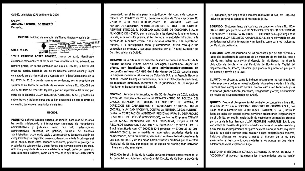 Denuncias presentadas por el campesino para intentar recuperar la herencia de su padre en la zona rural de Nóvita, Chocó.