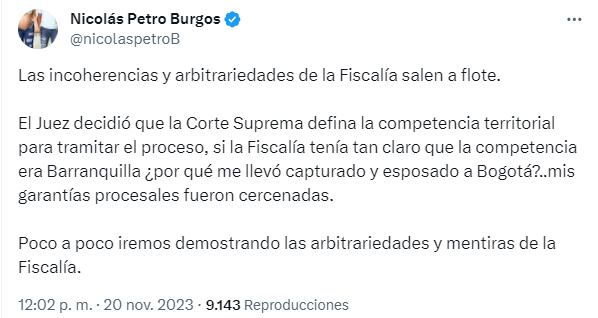 Trino de Nicolás Petro tras la solicitud de trasladar su proceso a Bogotá.