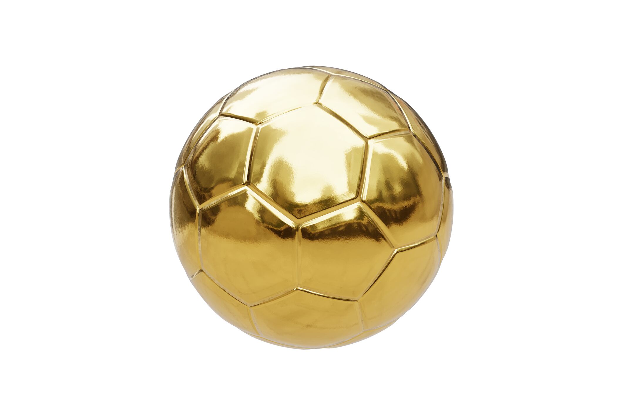 Shiny golden colored soccer ball isolated on white background