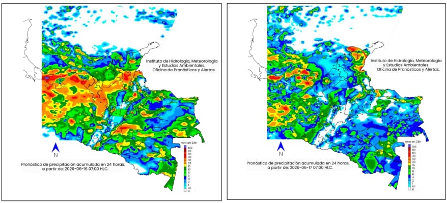 Mapa del clima en Colombia del martes 16 y el miércoles 17 de junio.