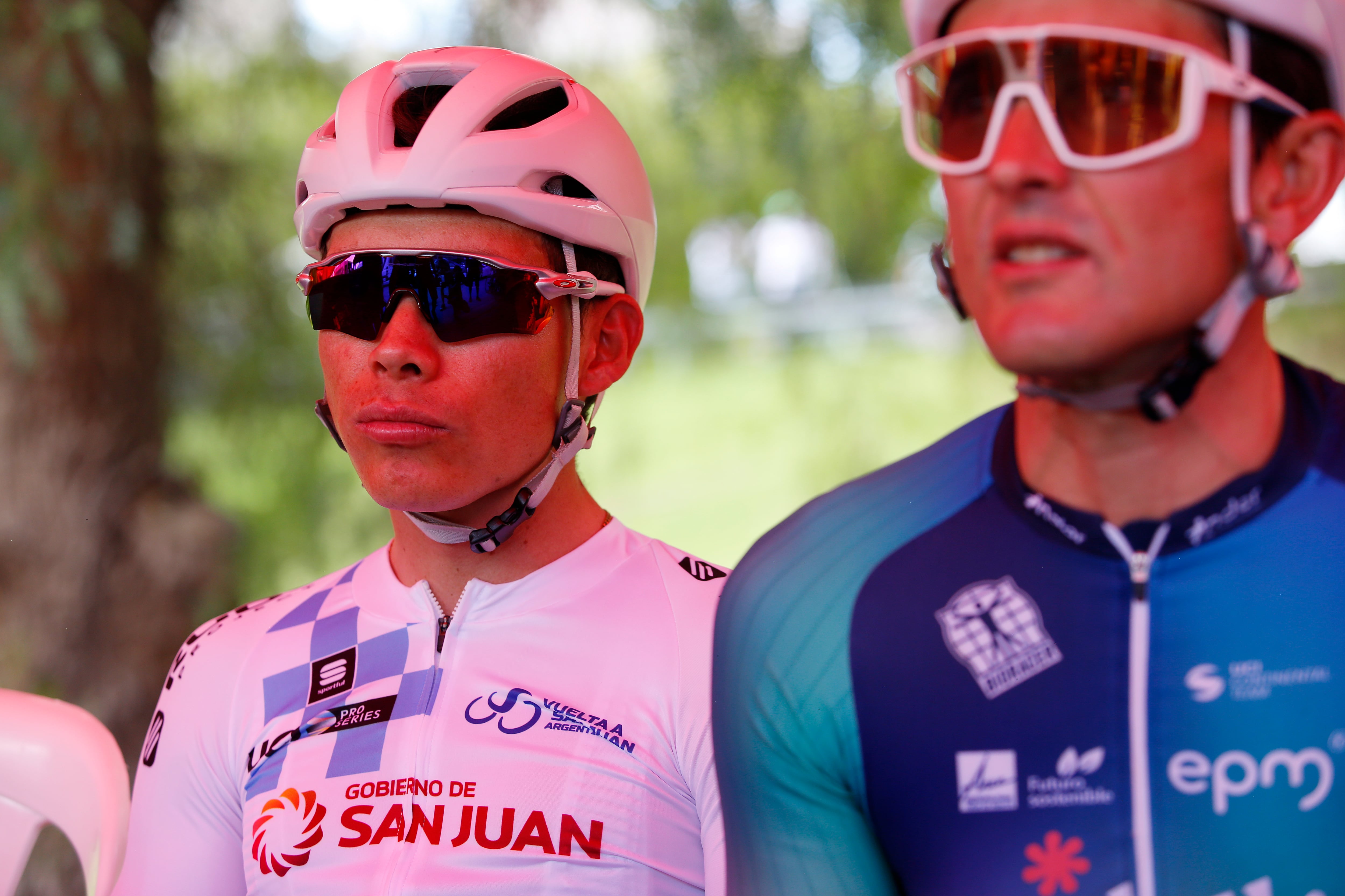 SAN JUAN, ARGENTINA - JANUARY 29: Miguel Angel Lopez of Colombia and Team Medellin - EPM - White Leader Jersey prior to the 39th Vuelta a San Juan International 2023, Stage 7 a 112km stage from San Juan to San Juan / #VueltaSJ2023 / on January 29, 2023 in San Juan, Argentina. (Photo by Maximiliano Blanco/Getty Images)
