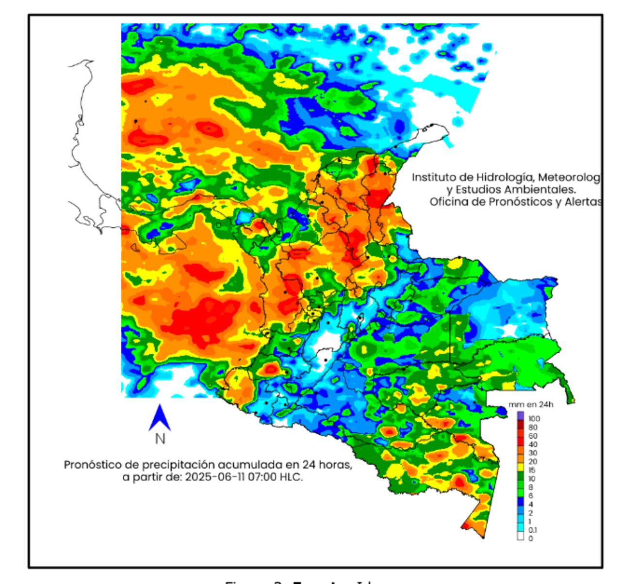 La escala de colores indica la cantidad de
precipitación acumulada (en milímetros)