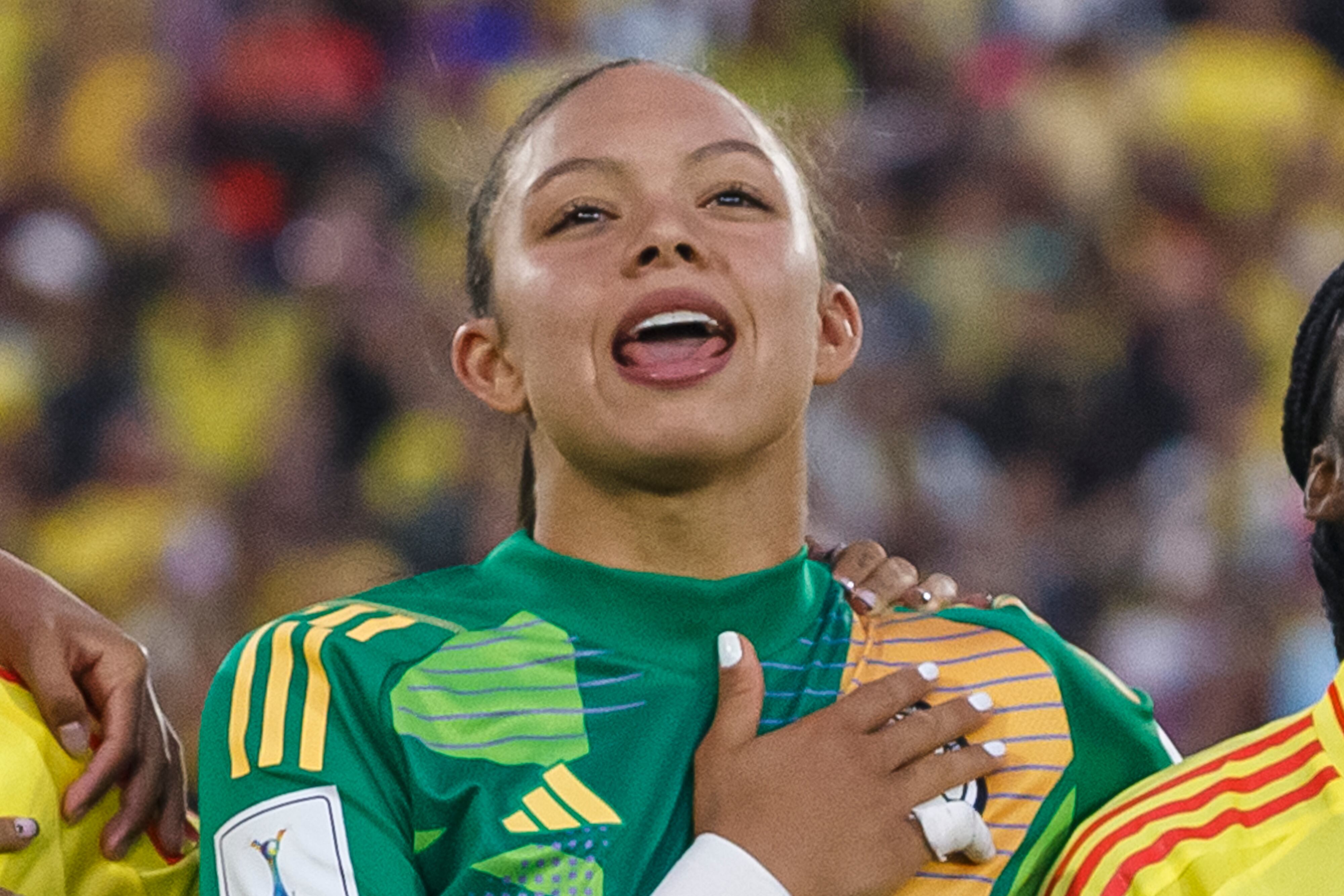 BOGOTA, COLOMBIA - AUGUST 31: Goalkeeper Luisa Agudelo of Colombia sing the national anthem prior to the Group A match between Colombia and Australia as part of FIFA U-20 Women's World Cup Colombia 2024 at Estadio El Campin on August 31, 2024 in Bogota, Colombia.  (Photo by Martín Fonseca/Eurasia Sport Images/Getty Images)