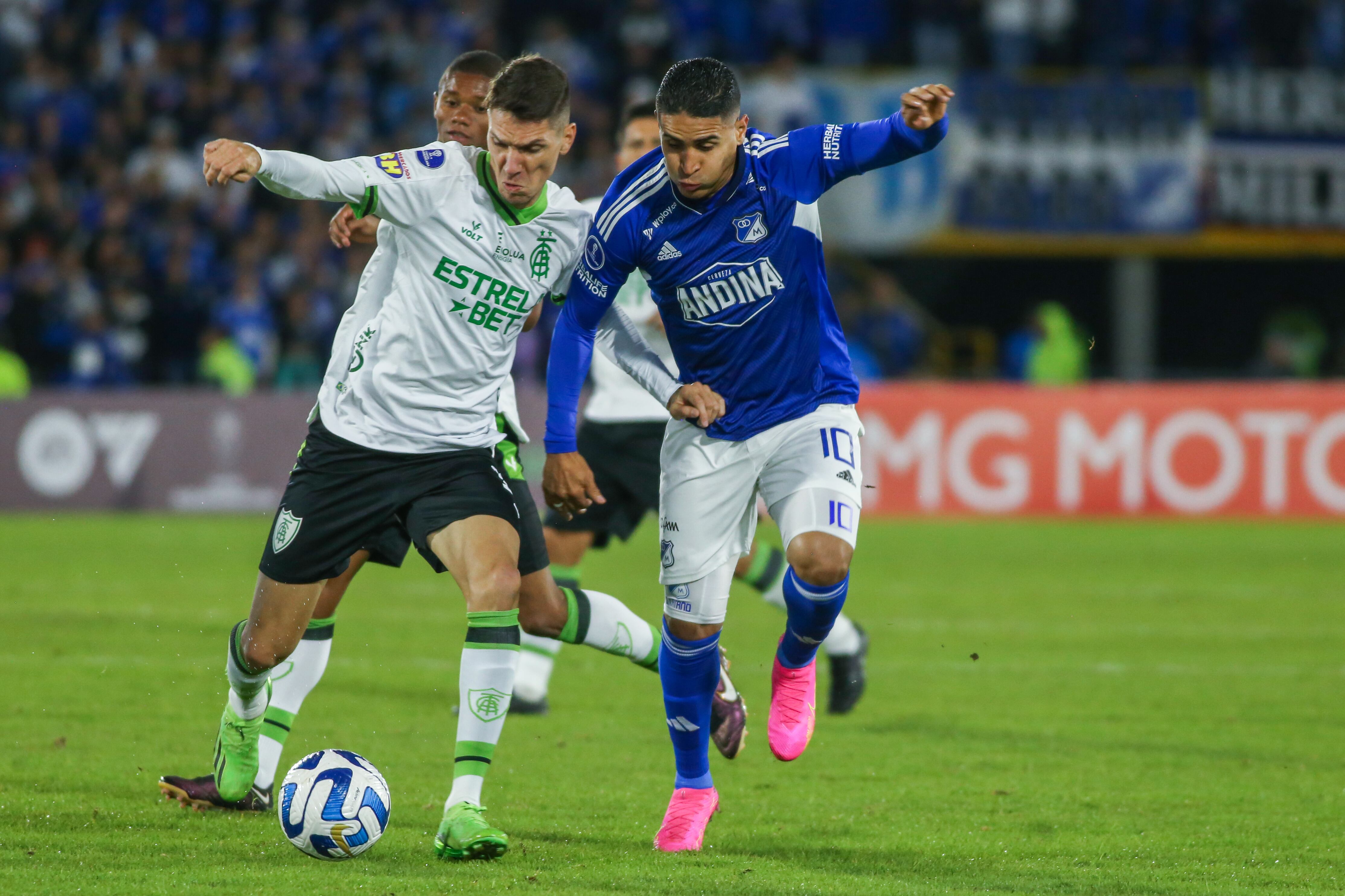 Daniel Catano of Millonarios (COL) and Ale of America F. C. (BRA) fight for the ball in the match between Millonarios F. C. (COL) and America F. C. (BRA) of the group stage date 3 of group F between Millonarios F. C. (COL) and America F. C. (BRA) for the South American CONMEBOL Cup 2023 at the Nemesio Camacho El Campin stadium in the city of Bogota.  (Photo by Daniel Garzon Herazo/NurPhoto via Getty Images)