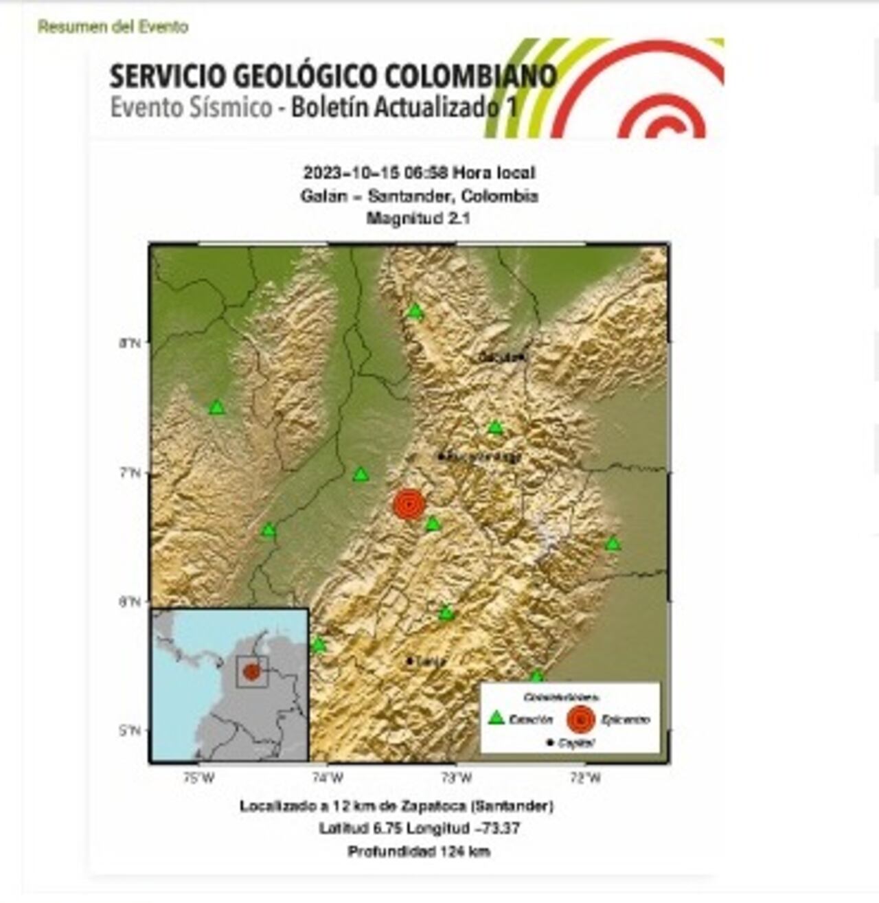 Reporte de sismo en Galán - Santander.