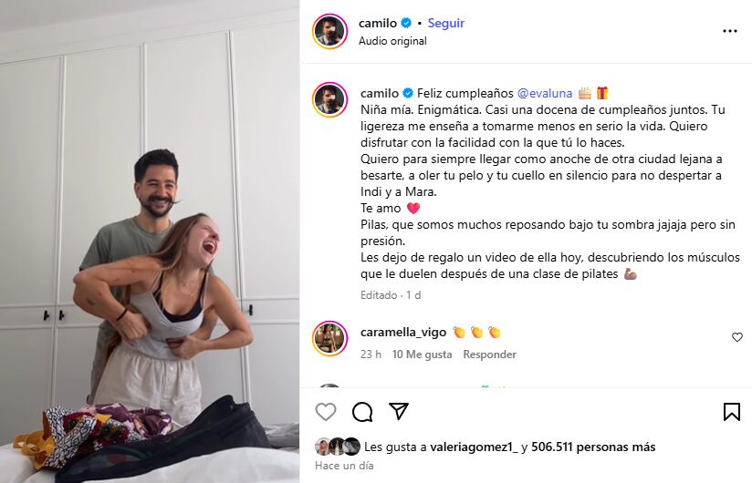Camilo Echeverry le dedica un tierno mensaje a su esposa, Evaluna Montaner.