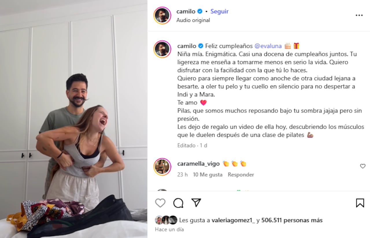Camilo Echeverry le dedica un tierno mensaje a su esposa, Evaluna Montaner.