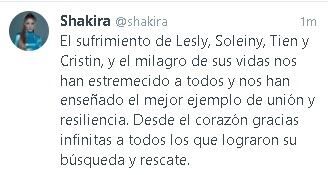 Mensaje del Twitter de Shakira @shakira